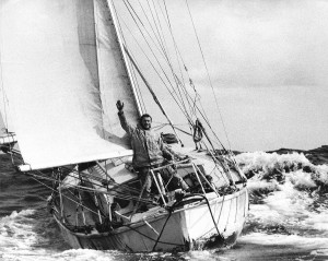 Historic. Circa 1969: Robin Knox-Johnston, the first man to sail solo non-stop around the World, aboard his 32ft 5in yacht SUHAILI. Pictured here returning to Falmouth, England on 22nd April 1969, to completethe 30,123 mile voyage in 313 days - an averag